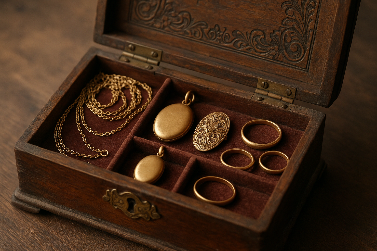 9k gold heirloom jewellery in a authentic vintage jewellery box 